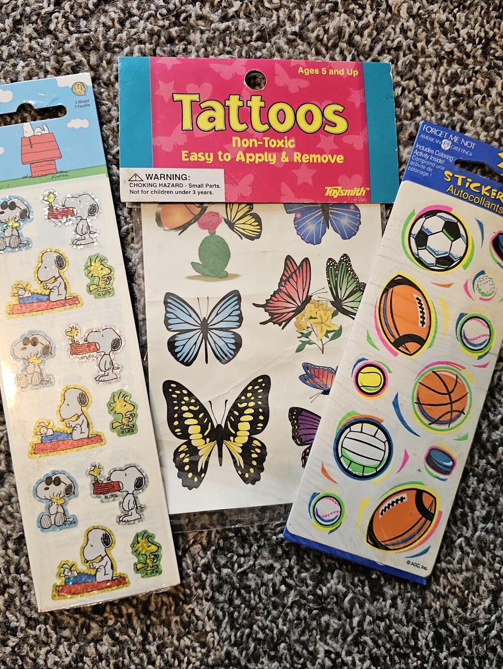 3 Vintage Peanuts, Butterfly Tattoos, Football & Basketball Stickers